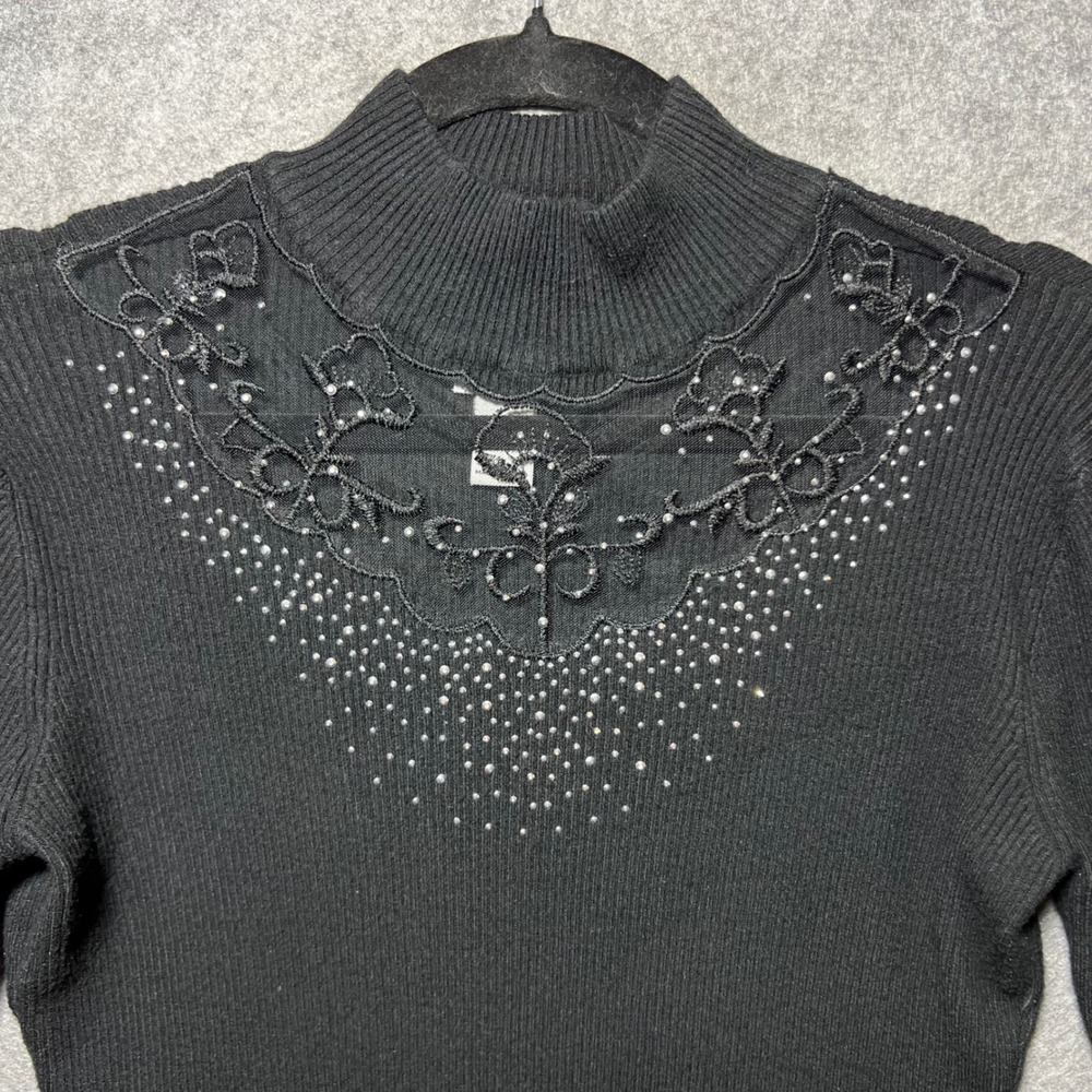 Vintage Y2K Black Ribbed Mock Neck Sweater Mesh Whimsigoth‎ M Embellished - Picture 2 of 8